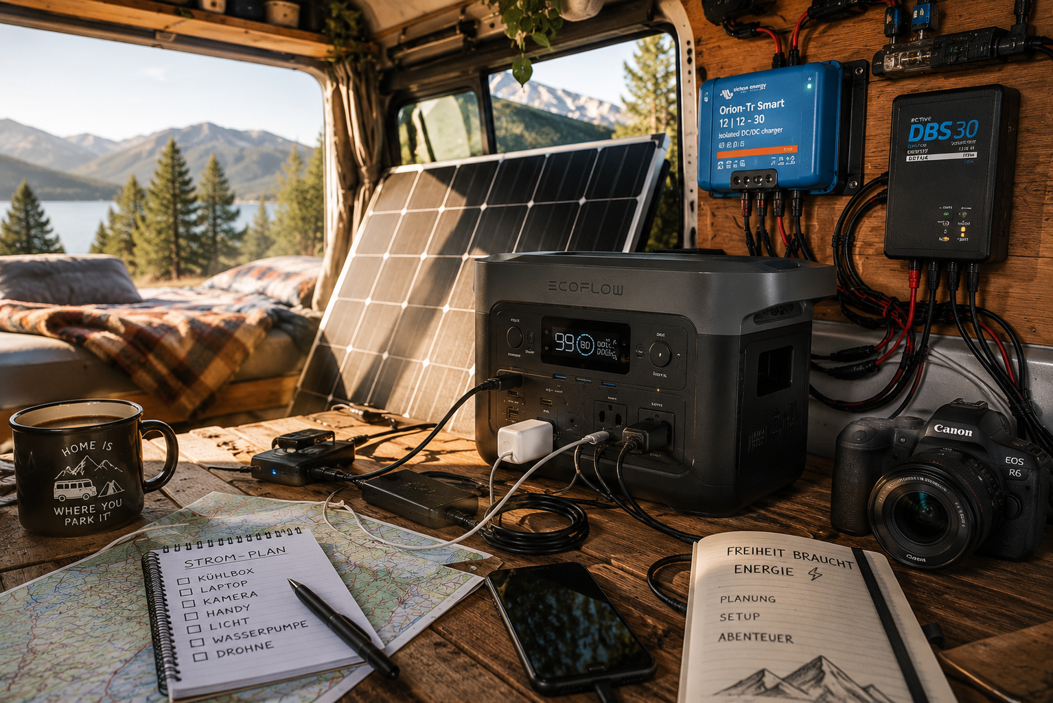 Camper Strom Setup mit Powerstation Solarpanel Ladebooster und sichtbaren Kabeln im Van
