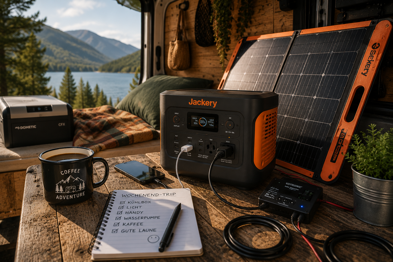 Vanlife Strom Setup im Camper mit Powerstation Solarpanel Ladebooster Kaffee Karten und Kabeln