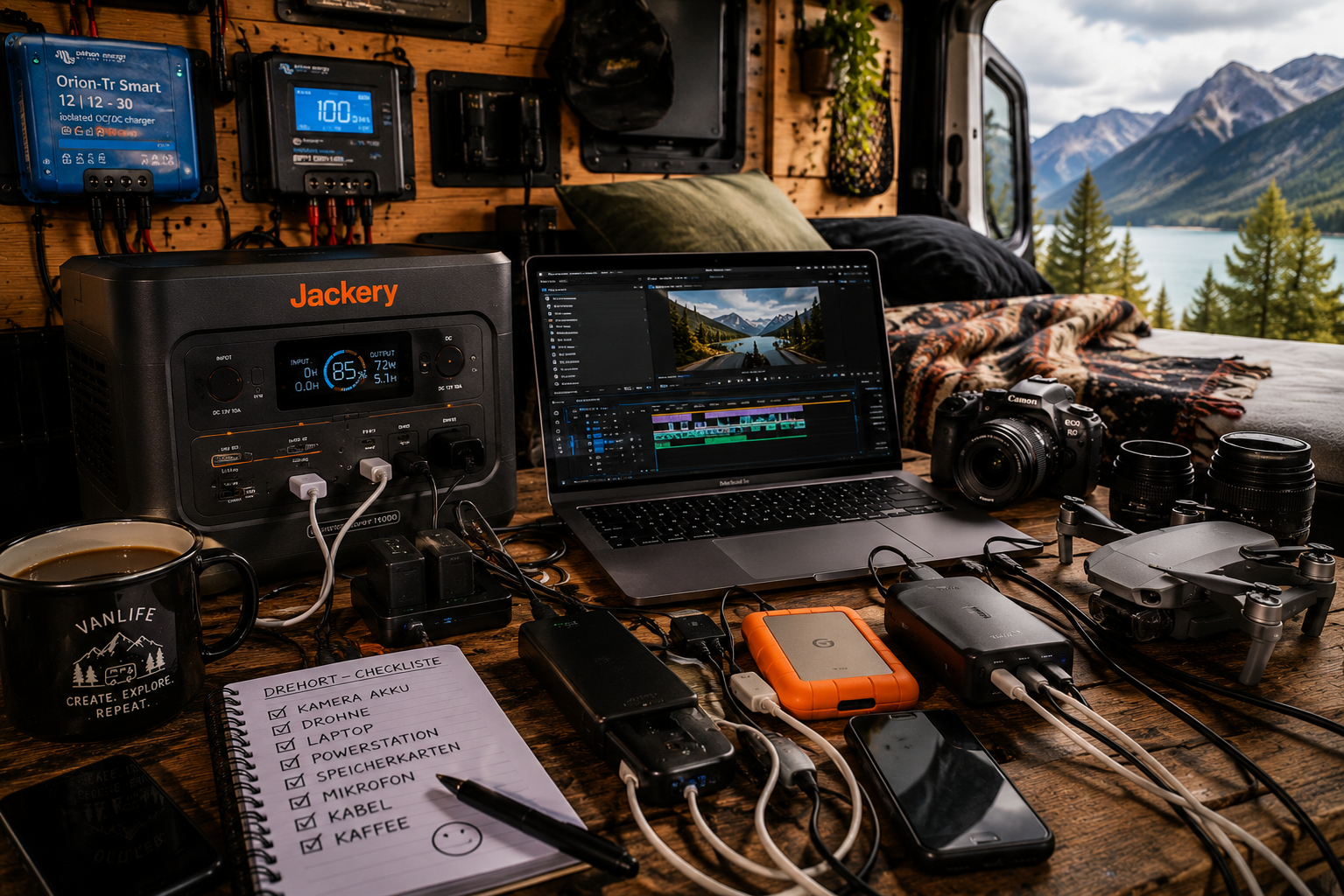 Verschiedene Powerstation Größen im Camper neben Laptop Kühlbox Kamera und Solarpanel