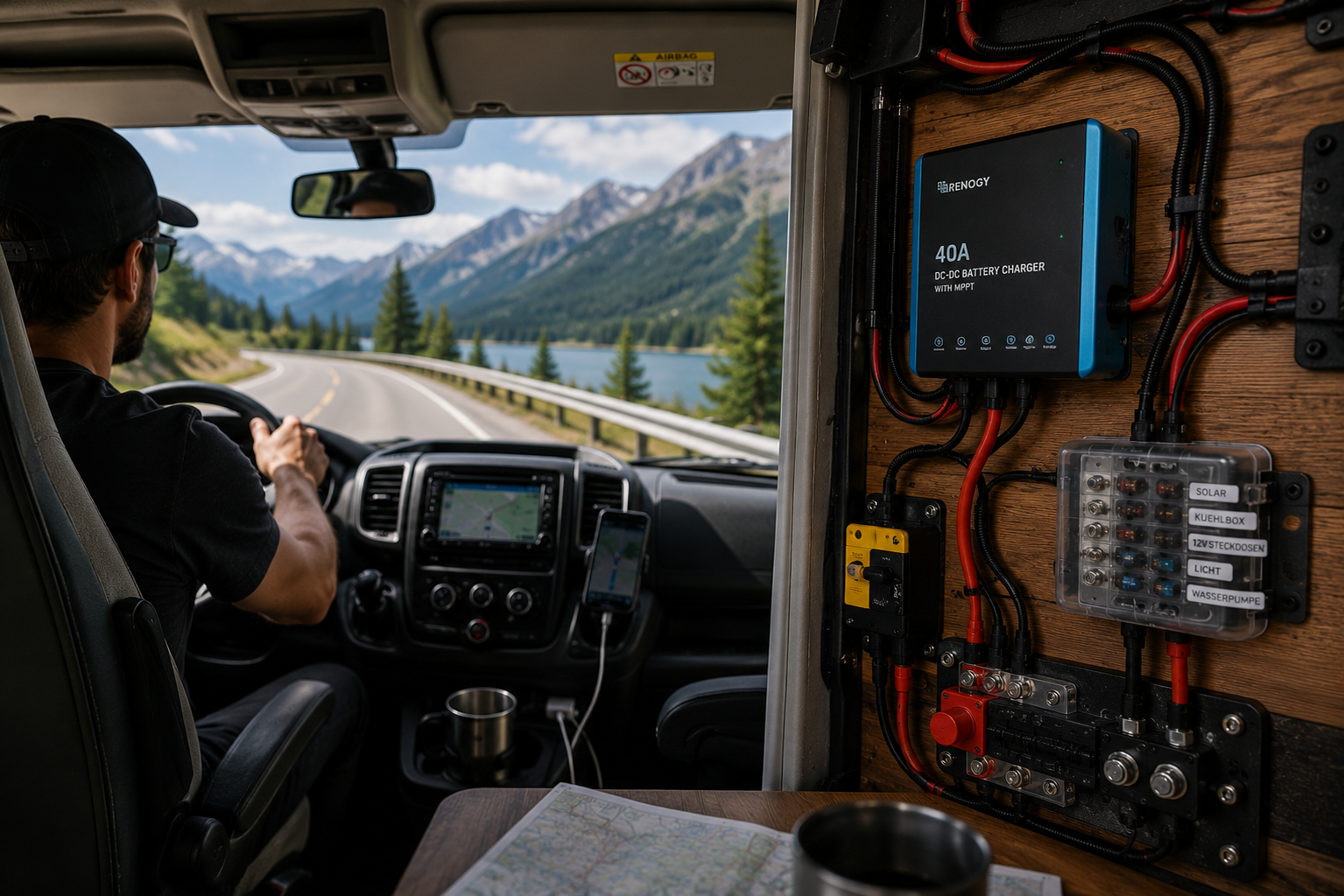 Offgrid Camper Stromsetup mit LiFePO4 Batterie Solarpanel Ladebooster Wechselrichter und sichtbaren Kabeln