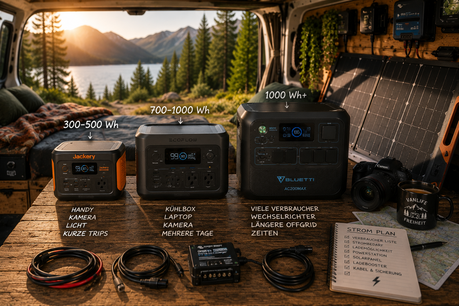 Vanlife Content Creator mit Laptop Kamera Drohne Powerstation Solarpanel und Kabelchaos im Camper
