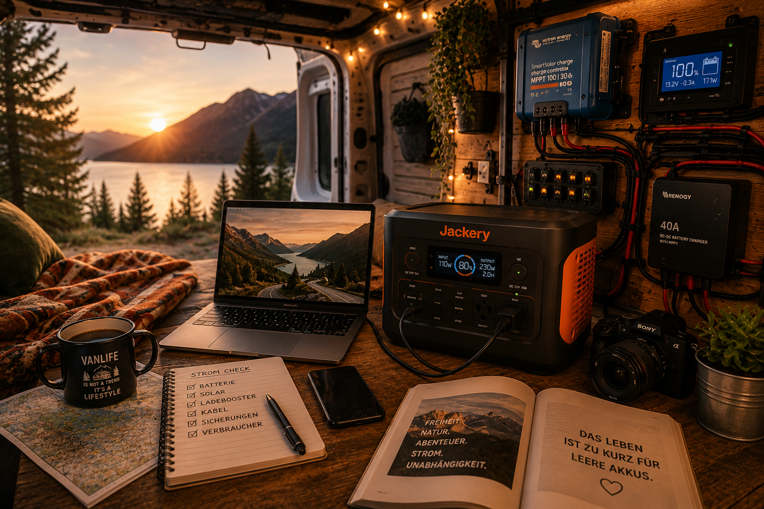Wochenendcamper mit kleiner Powerstation faltbarem Solarpanel Kaffee und Kabeln im Camper